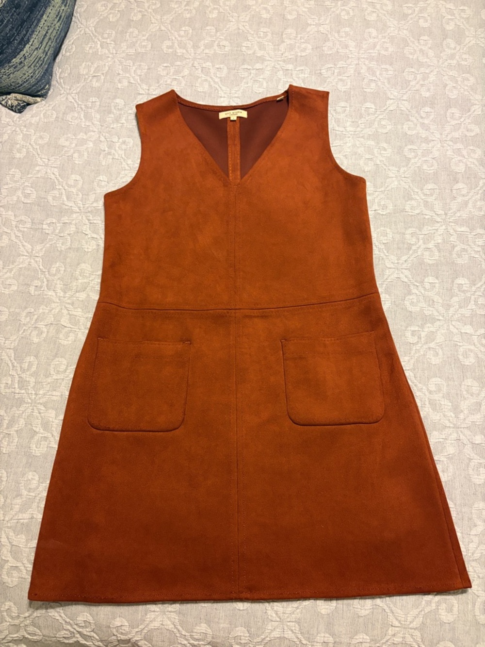 Suede V-Neck Pocket A-Line Dress in Rust